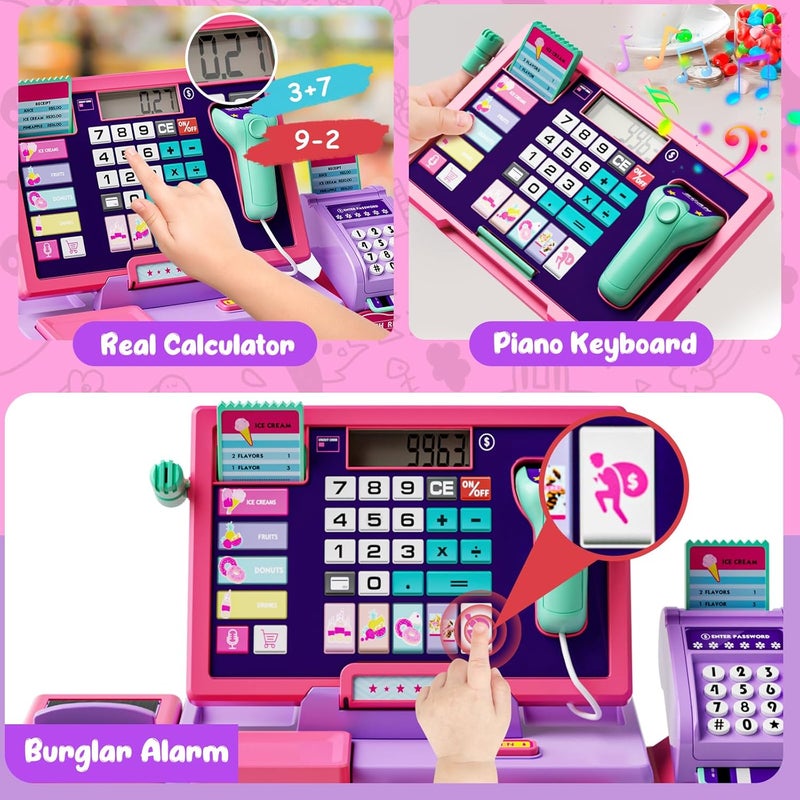 maysida Store لعبة صندوق النقود للأطفال المحسّنة للأولاد والبنات، لعبة تسجيل النقود التظاهرية مع ملحقات المتجر، صندوق النقود مع آلة حاسبة وماسح ضوئي/بطاقة ائتمان (وردي) - Image 3